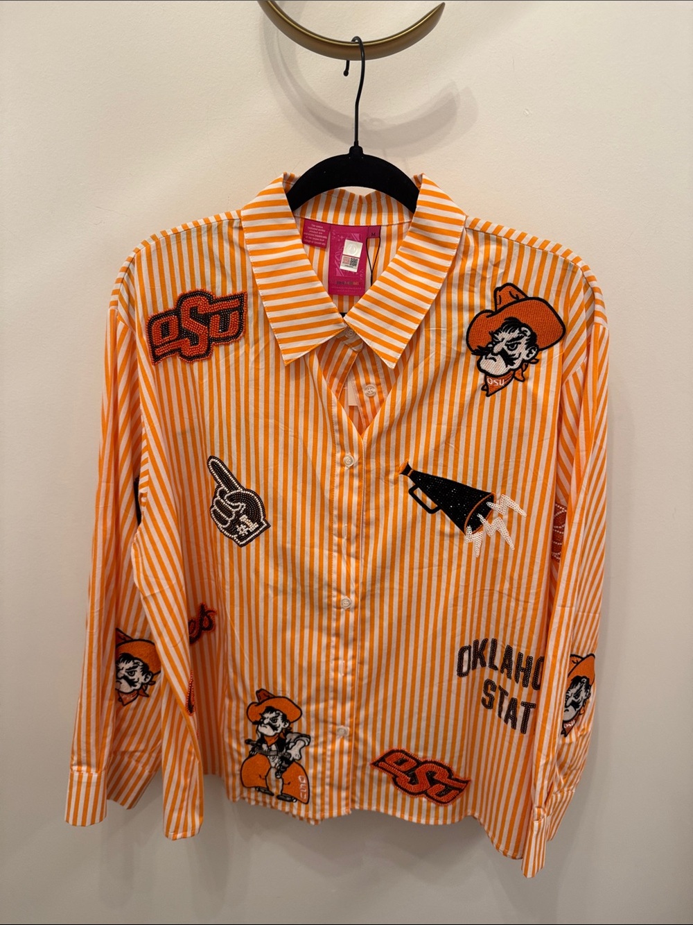 QUEEN OF SPARKLES Orange and White Striped Button-Down Shirt
